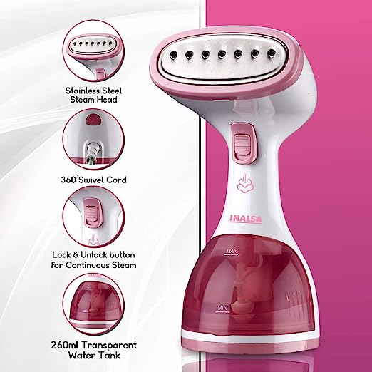 INALSA Handheld Garment Steamer Steamax | 1200-Watt Fast Heat Up | Upto 22 g/min Powerful steam|260ml Capacity | Vertical & Horizontal Steaming| Auto shut off protection| Kills 99.9%* Bacteria INALSA Handheld Garment Steamer Steamax | 1200-Watt Fast Heat Up | Upto 22 g/min Powerful steam|260ml Capacity | Vertical & Horizontal Steaming| Auto shut off protection| Kills 99.9%* Bacteria